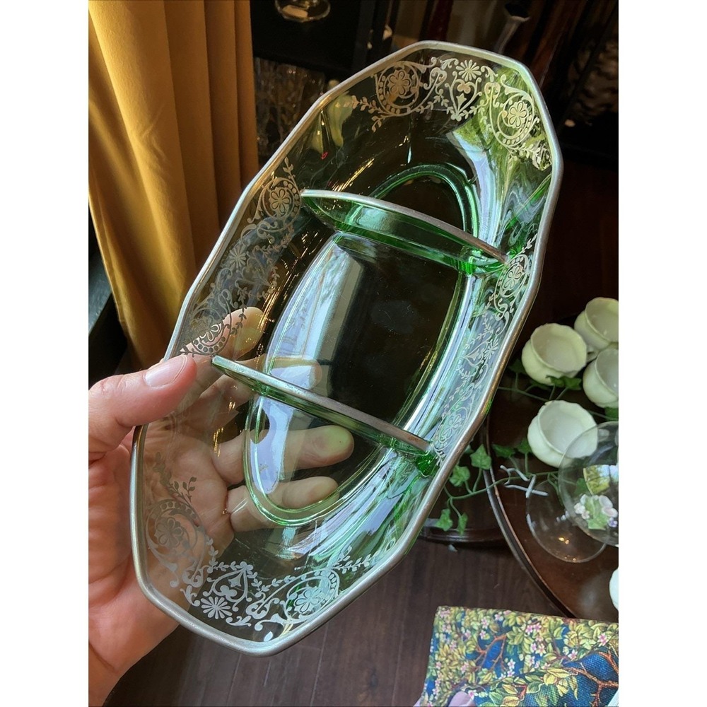 Fostoria Fairfax Green Uranium Glass Relish Dish Silver Overlay 3 Part Divided